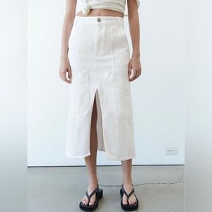 🤍 NWT ZARA crisp white denim front slit cargo midi skirt ecru XXL